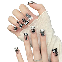 Ongles Press-on Faits Main Rose Canard Noir French Manucure Étoile 3D Strass Perle 10 Pièces Couverture Complète