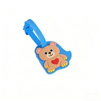 Étiquette de bagage en caoutchouc PVC souple motif ours en peluche mignon, bleue, pour valise de voyage, porte-carte nominative, forme personnalisée, vente en gros