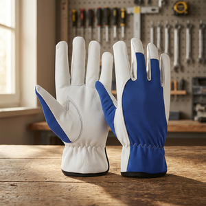 Gants de travail en cuir blanc et bleu, antidérapants aux doigts, gants de sécurité polyvalents, manchette droite - Product Image 5