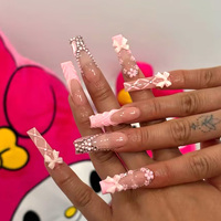 Ongles à presser Coquette, longs, forme cercueil, French manucure, nœud 3D, strass, faits main, vente en gros, logo personnalisé, OEM, directement de l'usine