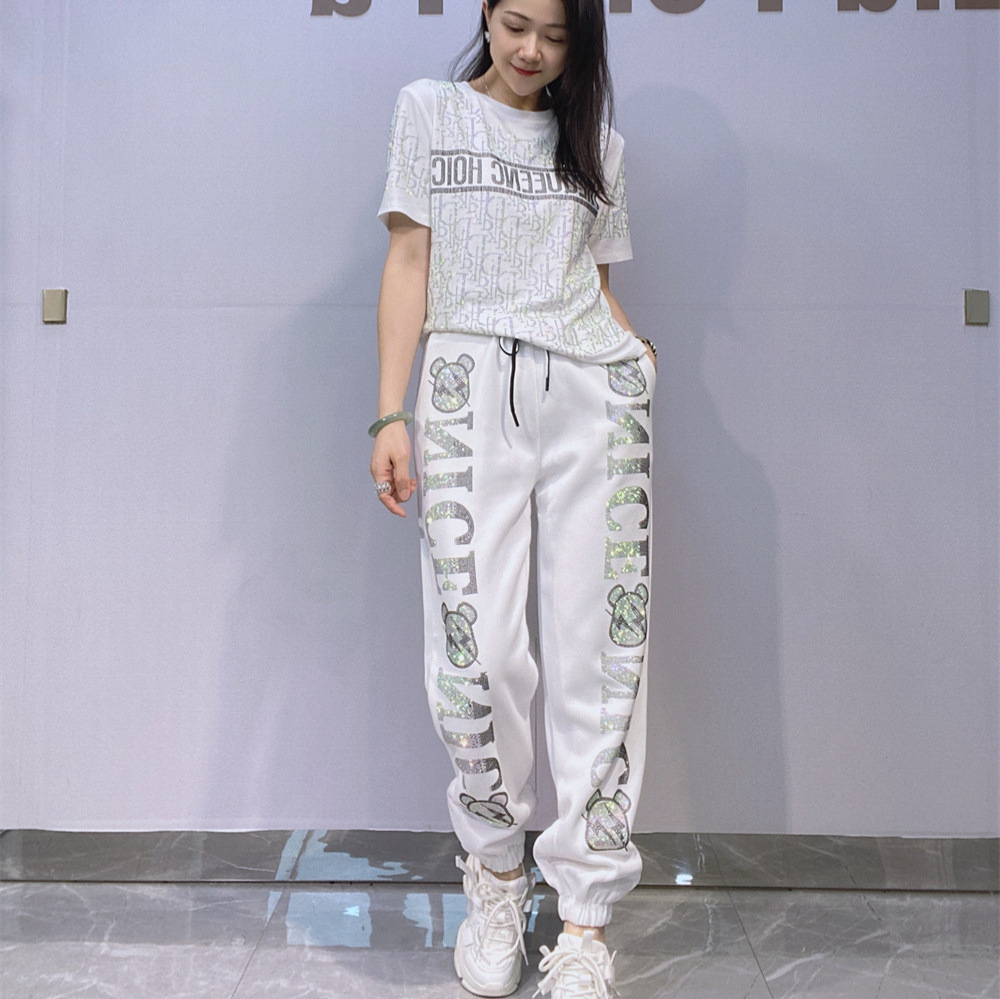 LFF-9751/Mid-waisted Ankle-tied Sweatpants Women's Petite European-style Rhinestone-studded Loose Cotton Polyester Trousers