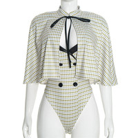 Ensembles 2 Pièces Bodys Rétro Imprimé Pied-de-Poule Jiubaju, Bodys Moulants Sexy en Similicuir Patchwork avec Cape Courte et Châle