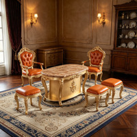 Ensemble de table à thé en marbre de luxe européen, chaises et tabourets en bois massif sculpté et doré, revêtement en cuir PU, meubles de salon, vente en gros