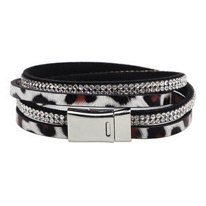 Leopard Print Rhinestone Double <b>Bracelet</b> <b>Leather</b> Jewelry Magnetic Clasp Gift Fashion <b>Bracelet</b> - Product Image 4