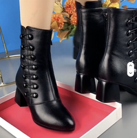 Bottines à talons épais pour femmes - Cuir de vache noir - Chaussures de marche d'hiver