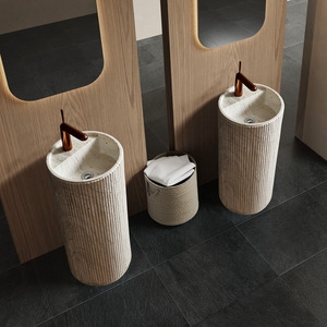 Lavabo sur pied en pierre artificielle beige travertin de luxe moderne, <span class=keywords><strong>design</strong></span> cannelé, pour salle de bain - Product Image 6