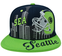 Casquette Snapback Personnalisée avec Broderie 3D SS26 Seattle, Nouveau Design, Casque de Football SEA, Vert Lime et Bleu Marine, Équipe de Football Urbaine