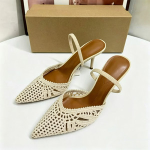 Mules à talons vintage en crochet pour femme, bout pointu, ajourées, chaussures de plage respirantes, à lanières tressées, escarpins de soirée - Product Image 2