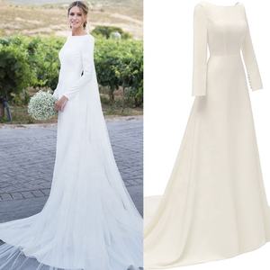 1012 # תמונות אמיתיות עגול צוואר רך סאטן אונליין לבן ללא משענת פשוט כלה שמלת ארוך שרוול חתונת שמלת כלה שמלה - Product Image 2