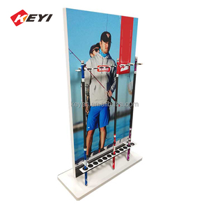 Estante de exhibición de caña de pescar de madera y metal personalizado con impresión gráfica para tiendas de aparejos de pesca - Product Image 1