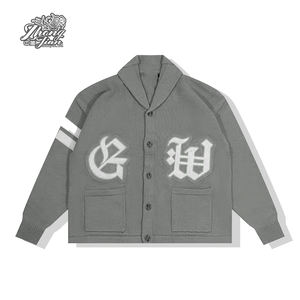 Cardigan en tricot à col rond pour <span class=keywords><strong>homme</strong></span> en coton avec un grand motif brodé sur une grande surface, boutonné surdimensionné - Product Image 1