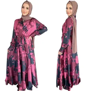 Lady Printed Muslim Long Dress 2022 Kaftan Women Front Belted Hijab Dress Dubai Islamic Turkish Modest Abaya Ramadan Long Dress