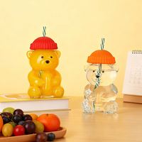 600 ml Şeffaf 600 ml Sevimli Çocuk Ayı Şeklinde Meyve Suyu Süt Boba Çay Cam Şişe Bardaklı