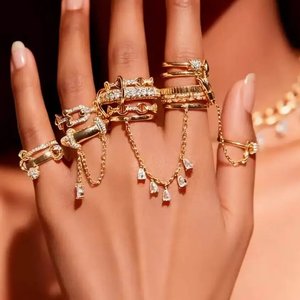 Anillo Apilable <span class=keywords><strong>con</strong></span> Diseño de Lágrima Brillante y Circonitas, Color Dorado, para Mujer, <span class=keywords><strong>con</strong></span> <span class=keywords><strong>Cadena</strong></span> de Borlas - Product Image 1