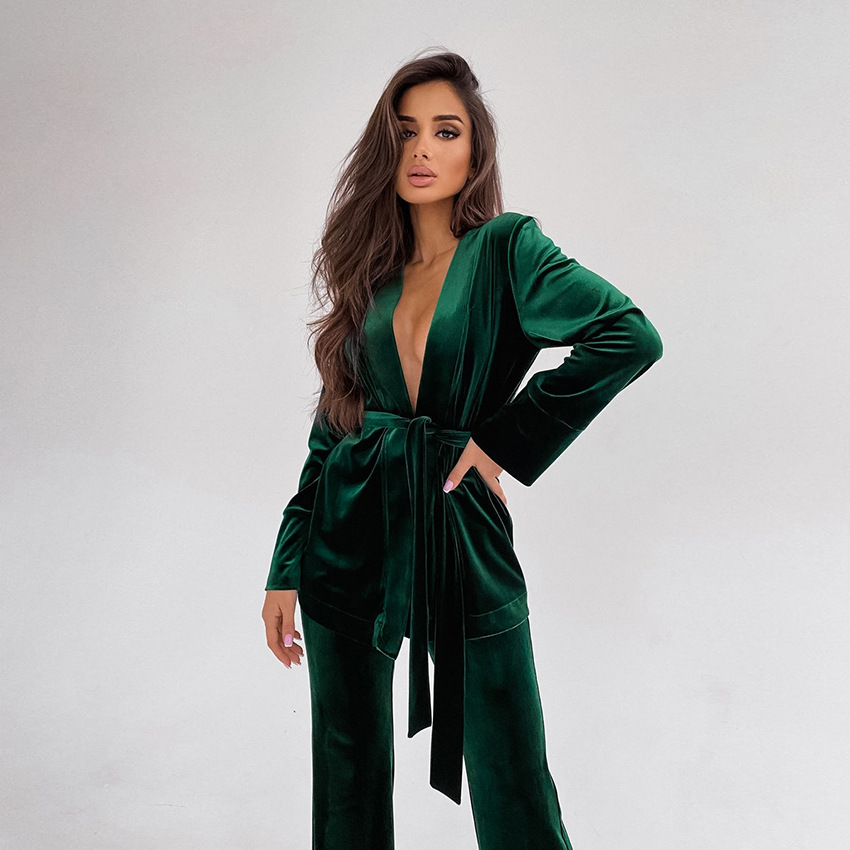 custom logo solid color velvet v neck robe long sleeve trousers knitting two piece set pyjamas loungewear home warm sleepwear