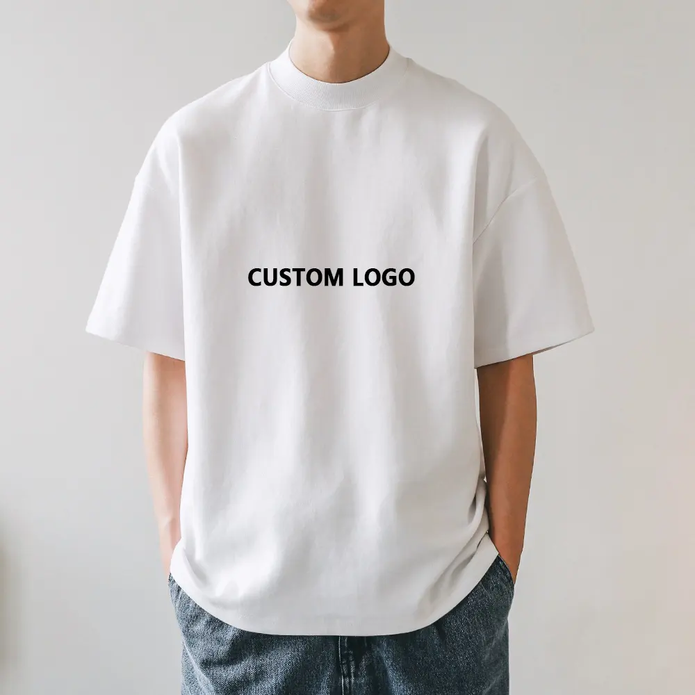 Wholesale Blank Cotton Solid Small Neckline Vintage Oversized T-hirt 350gsm Mock Neck Oversized Heavyweight Custom Mens T Shirt