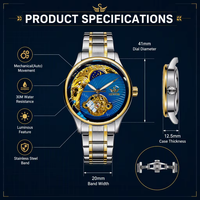 Montre mécanique automatique vintage pour homme, squelette ajouré, phase de lune, lumineuse, en acier inoxydable, résistante à l'eau 30M