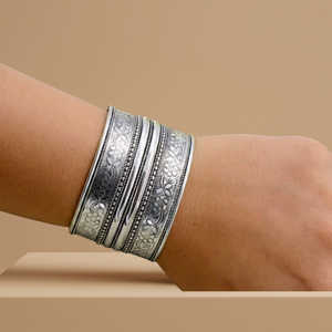 Floral Embosed Silver Oxidized Cuff <b>Bracelet</b> With Flower Pattern Antique Silver Plated Unisex Jewelry floral Silver <b>Bracelet</b> - Product Image 3