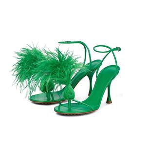 Moda estiva di marca di lusso con punta verde erba <span class=keywords><strong>tacchi</strong></span> alti svasati e sandali fatti a mano a punta tonda per calzature da donna - Product Image 3