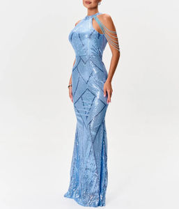 여성용 크루넥 솔리드 우븐 라이트 스카이 블루 포멀 맥시 드레스 기하학적 스팽글 비즈 체인 프린지 숄더 머메이드 갈라 가운 - Product Image 3