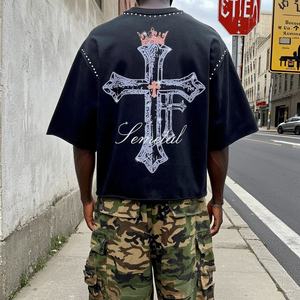 เสื้อยืดคอกลมพิมพ์ลายขอบดิบแบบกำหนดเองสำหรับ OEM เสื้อยืดโอเวอร์ไซส์ทรงหลวมประดับคริสตัล ขายส่ง - Product Image 2