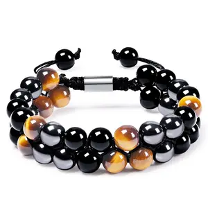 Wholesale Fashion Feng Shui Good Luck Natural 8mm Tiger Eyes Black Onyx Hematite Stone Beaded Woven Bracelets Adjustable Jewelry