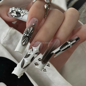<span class=keywords><strong>Uñas</strong></span> Postizas Hechas a Mano, Extra <span class=keywords><strong>Largas</strong></span>, <span class=keywords><strong>Cuadradas</strong></span>, <span class=keywords><strong>Francesas</strong></span>, con Diseño Ombre, Cromo Plateado y Cristales de Imitación - Product Image 2