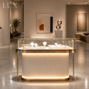 Vitrine à bijoux incurvée moderne avec éclairage LED, en verre trempé robuste et métal, pour magasin de bijoux - Product Image 2