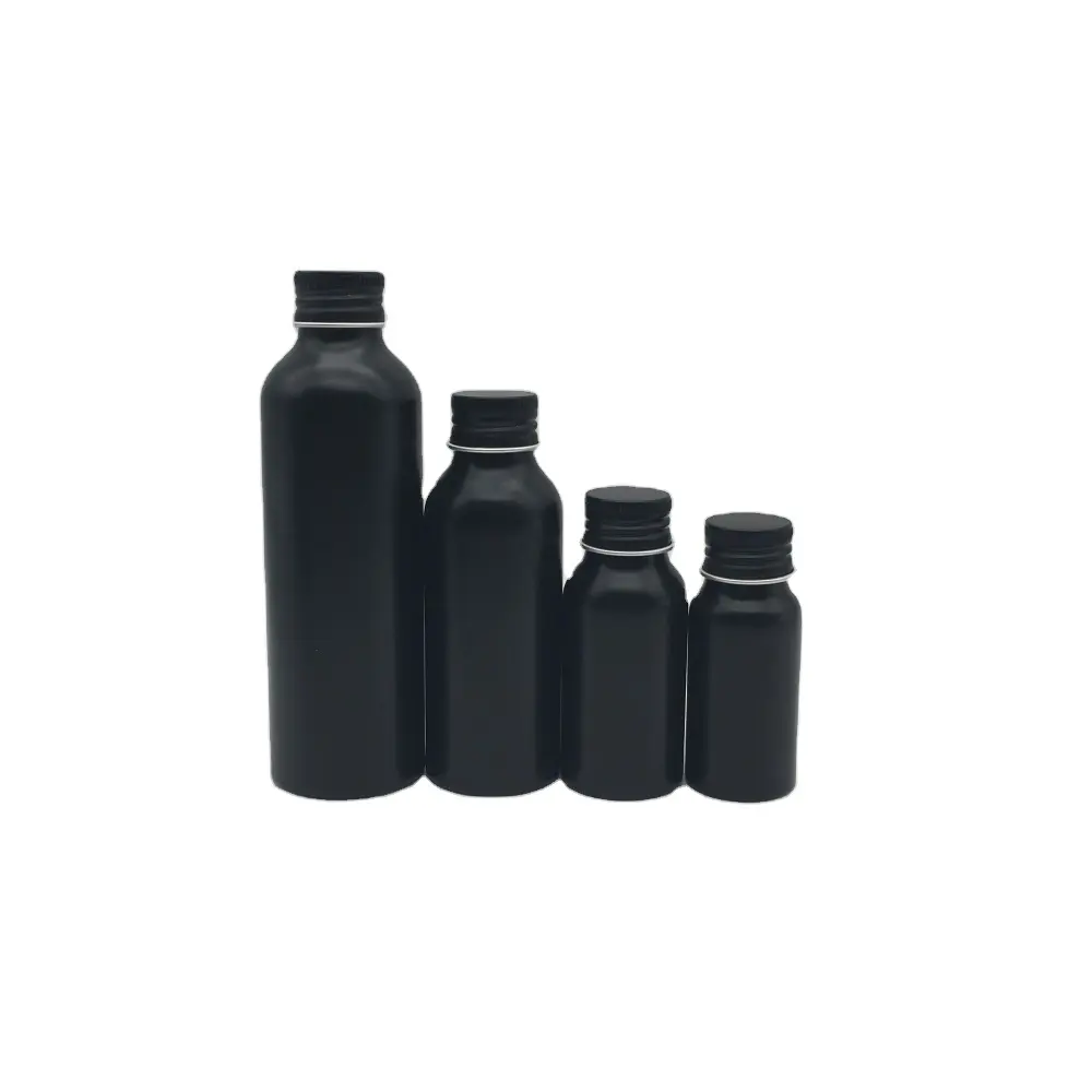 Botol aluminium minyak esensial aroma kosong 150ml botol kosmetik aluminium hitam matte dengan tutup sekrup