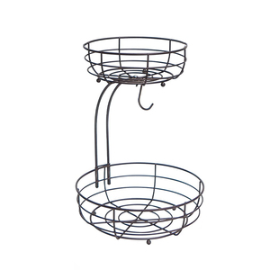 Fruit Holder Kitchen 2 Tier Fruit Basket Matte Black Round Metal Fruit Storage Bowl With Banana Holder