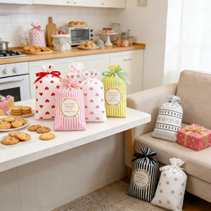 Sacchetti con Coulisse per Dolci da Forno, Stampa Cuori <span class=keywords><strong>e</strong></span> Righe, Sacchetti in Plastica con Nastri per Biscotti, Pasticcini, Bomboniere <span class=keywords><strong>e</strong></span> Regali - Product Image 2
