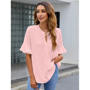 Blusa de gasa para mujer con mangas con volantes, cuello en V, transpirable, informal, para verano - Product Image 1