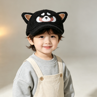 Gorra de Béisbol de Felpa para Niños, Linda Gorra Trucker con Orejas de Panda Rojo, Bordado de Dibujos Animados, Forro Polar Cálido para Invierno, Ajustable