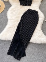 HANOU Ensemble jupe deux pièces d'été, haut court sexy, taille haute, coupe portefeuille, fendue, mi-longue, style industriel, orné de strass