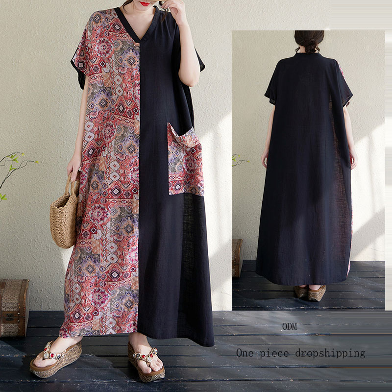 Women's Retro-Style Short Sleeved Dress Elegant Spliced Fashion Pattern Loose Fit Long Skirt Made Cotton Popular Plus Size