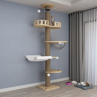 Arbre à chat en bois massif, haut, du sol au plafond, multi-plateformes, avec panier tressé en forme de capsule spatiale et hamac, pour chats d'intérieur de grande taille