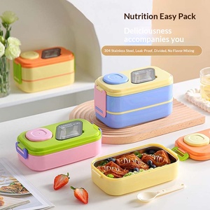Lonchera Bento de Acero Inoxidable de Doble Nivel, Tapa de Plástico, 2 Compartimentos, Hermética, Apta para Microondas, Incluye Cuchara, para el Hogar - Product Image 1
