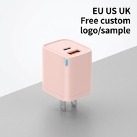 Colokan US EU UK 20W USB C QC3.0 Pengisi Daya Cepat Dual Port Warna Pink untuk Perjalanan, Cocok untuk iPhone, Samsung, Galaxy, Pixel, dan AirPods