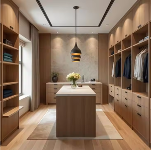 Dressing ouvert minimaliste contemporain, armoire en chêne clair sur mesure, tiroirs écologiques, meuble-lavabo flottant, appartement moderne - Product Image 1
