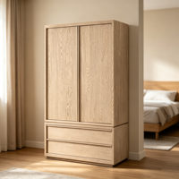 Armoire en bois de chêne massif à 2 portes et 2 tiroirs, sans poignées, style nordique minimaliste, pour chambre à coucher, appartement, hôtel, usage domestique