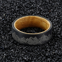 Cincin Kawin POYA 8mm Tungsten Hitam Datar Motif Hutan Pegunungan dengan Inlay Kayu Tong Whiskey, Hadiah untuk Pria