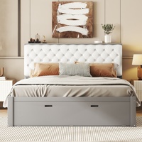 Lit bas en bois massif rembourré gris à motif losanges avec tiroirs de rangement sous le lit, modèle N112, démontable