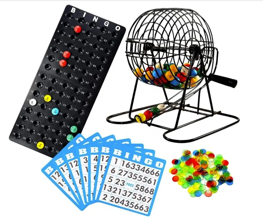 Vintage Bingo malzemeleri kartlar dahil cips topları pirinç silindir kafes ve kurulu Bingo oyunu yetişkinler için Set, yaşlılar, ve aile