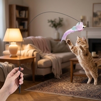 Bâton à chat flexible à trois sections avec revêtement, auto-nettoyant, avec recharges de plumes de papillon pour l'intérieur (chambre, table)