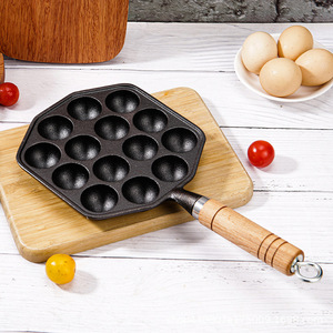 Poêle à takoyaki 15 trous en fonte antiadhésive avec manche en bois pour la cuisson des œufs de caille - Product Image 1