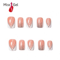 Faux ongles carrés rose pêche brillants en gros avec dégradé de paillettes, résistants à l'eau, longue durée, couverture complète