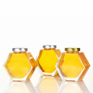 100ミリリットル蜂蜜瓶 Suppliers-透明な六角形蜂蜜瓶100ミリリットル220ミリリットル380ミリリットルガラス蜂蜜ディスペンサー容器ゴールド気密キャップ