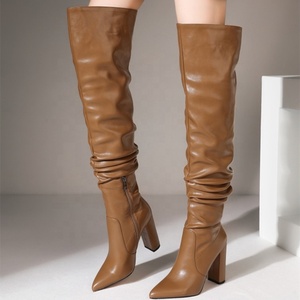 Big Size Winter Women Over Knee <b>Boots</b> Pleated Design Fashion High Chunky Heel Thigh High <b>Boots</b> Sexy Pointy Toe - Product Image 1
