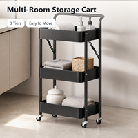 Chariot de rangement à 3 niveaux en acier au carbone avec roulettes, chariot utilitaire pour la maison, la cuisine, la salle de bain, étagère organisatrice noire multi-usages
