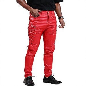 Pantalon skinny en cuir rouge gothique avec lacets latéraux, taille mi-haute, longueur complète, style disco, tenue de club - Product Image 1
